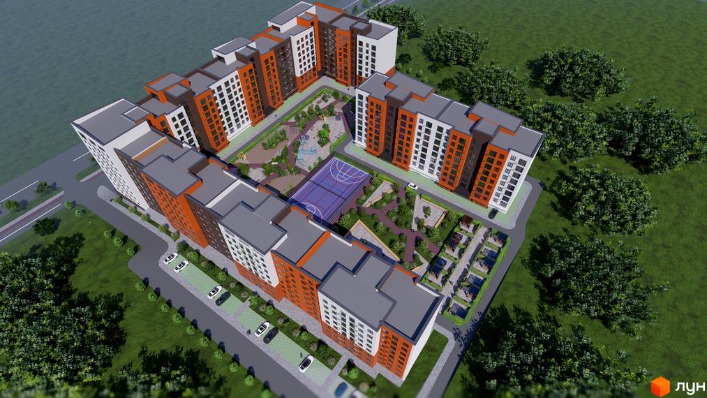 Зображення Житлового району Перлина Проскурова-5 з висоти пташиного лету. На фото видно будівлю та внутрішній двір з дитячим майданчиком.