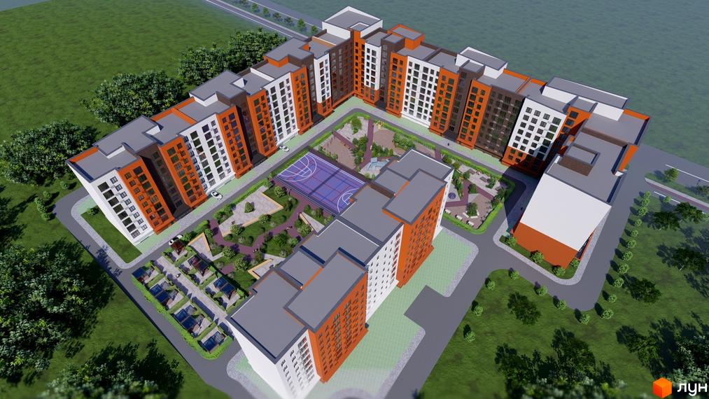 Житловий комплекс Перлина Проскурова-5 з оранжево-білими фасадами та прибудинковою територією з баскетбольним майданчиком та зонами відпочинку.