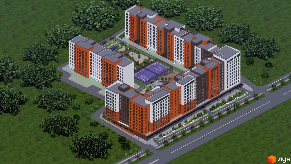 Житловий комплекс Перлина Проскурова-5 з оранжево-білими фасадами та прибудинковою територією зі спортивним майданчиком та зонами відпочинку.