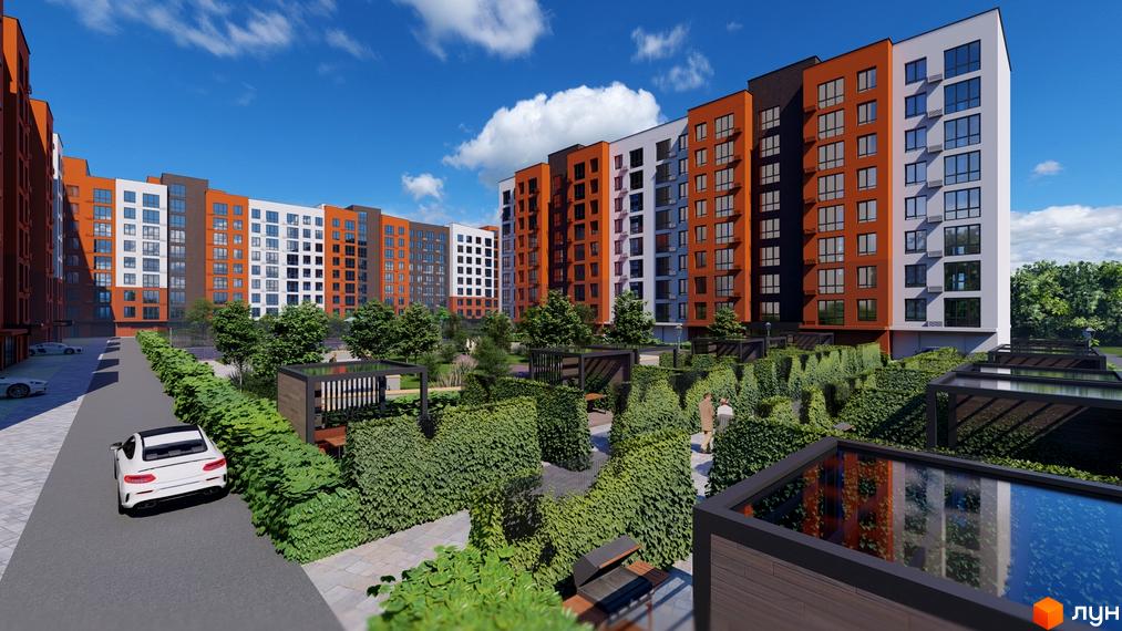 Зображення фасаду та подвір'я Житлового комплексу Перлина Проскурова-5. Вигляд новобудови та ландшафтного дизайну прибудинкової території.