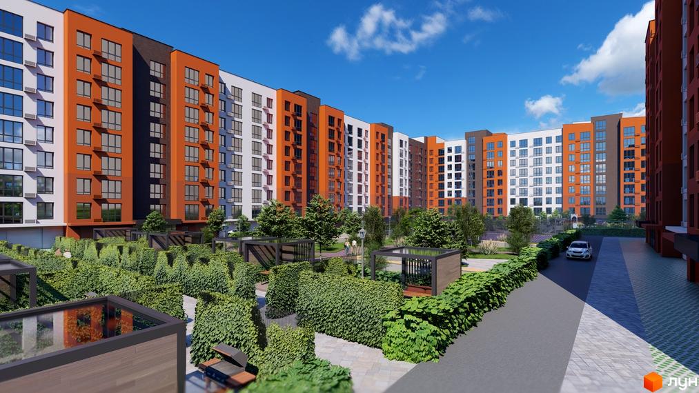 Зображення фасаду та прибудинкової території Житлового комплексу Перлина Проскурова-5. На території зелені насадження та місця для відпочинку.