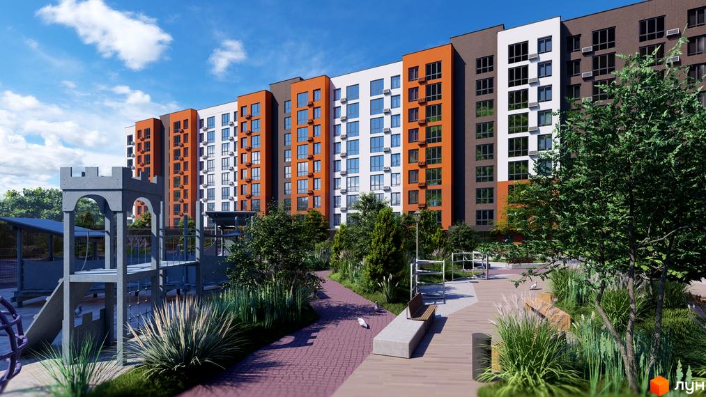 Житловий комплекс Перлина Проскурова-5 з яскравим фасадом та дитячим майданчиком. Сучасна архітектура та зелена прибудинкова територія.