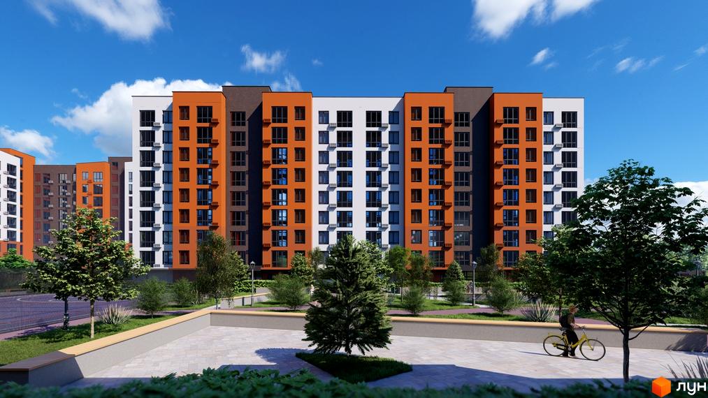 Зображення фасаду та прибудинкової території Житлового комплексу Перлина Проскурова-5. Багатоповерхова будівля з кольоровими фасадами та деревами.