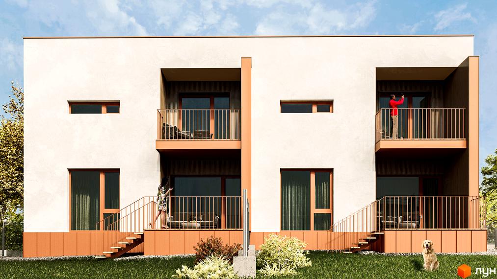 Зображення фасаду Котеджного містечка NaGori з балконами. На передньому плані газон з декоративними кущами та доріжками.