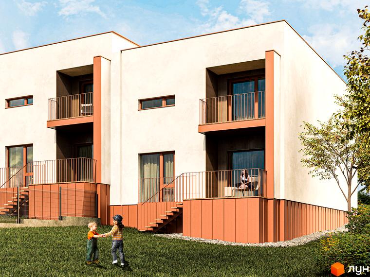 Зображення Котеджного містечка NaGori з двоповерховими будинками та зеленим газоном. На балконі відпочиває жінка.