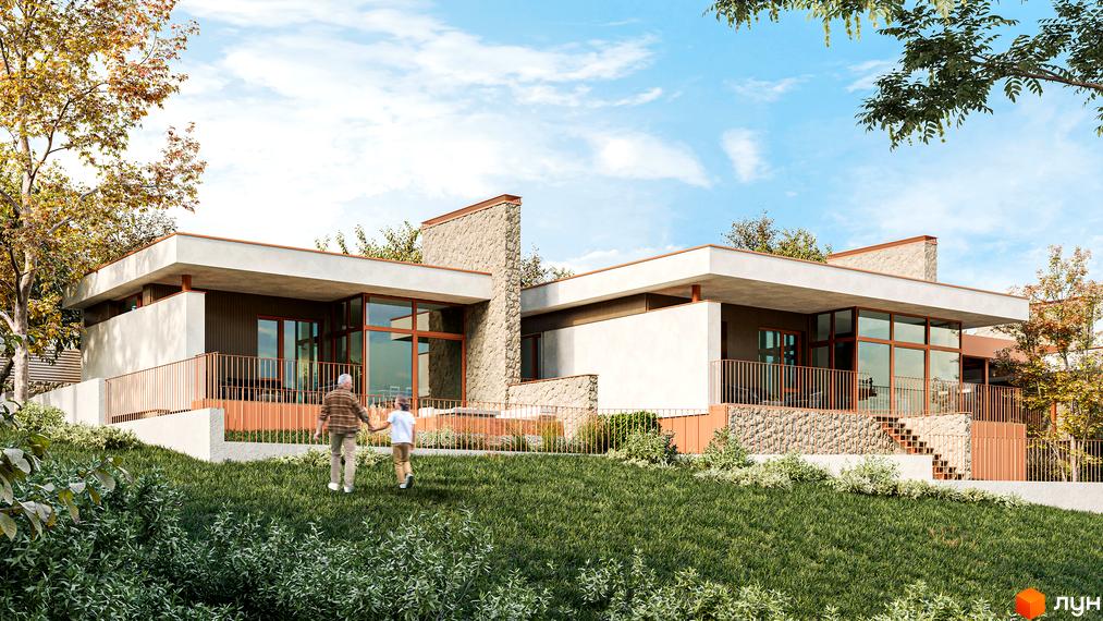 Котеджне містечко КМ NaGori: двоповерхові будинки з великими вікнами та кам'яними елементами на тлі зеленого ландшафту та блакитного неба.