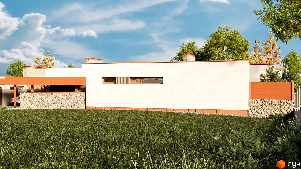 Зображення будинку в Котеджному містечку NaGori з білими стінами та кам'яним оздобленням. На передньому плані зелений газон.