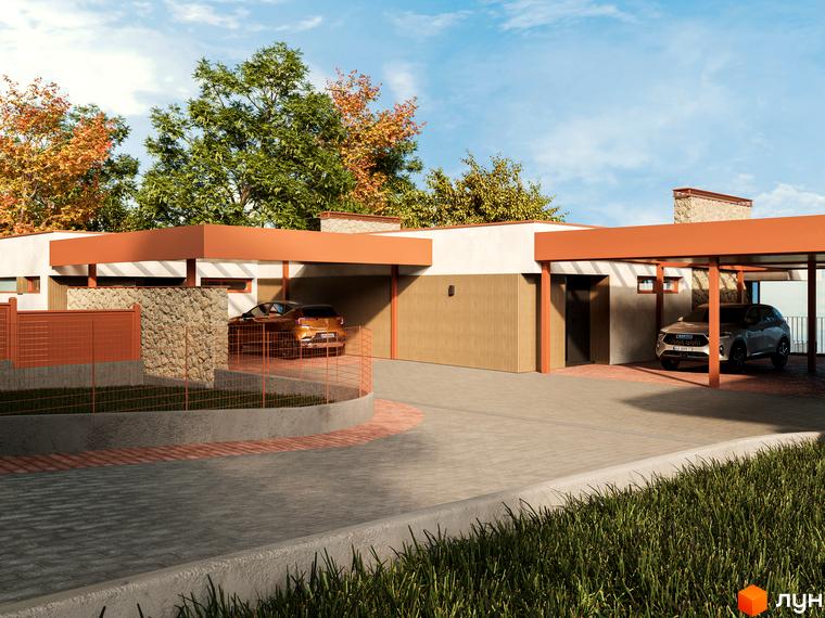 Зображення Котеджного містечка NaGori з двома автомобілями на подвір'ї. Вигляд фасаду будинку та озеленення території.