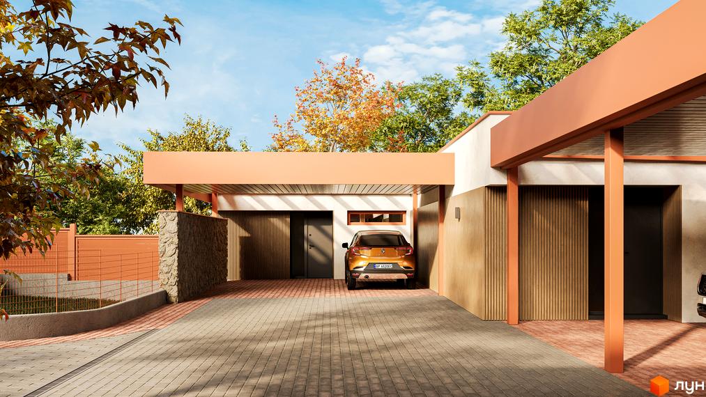 Котеджне містечко КМ NaGori: сучасний фасад будинку з панорамними вікнами та доглянутою прибудинковою територією. Парковка для автомобілів.