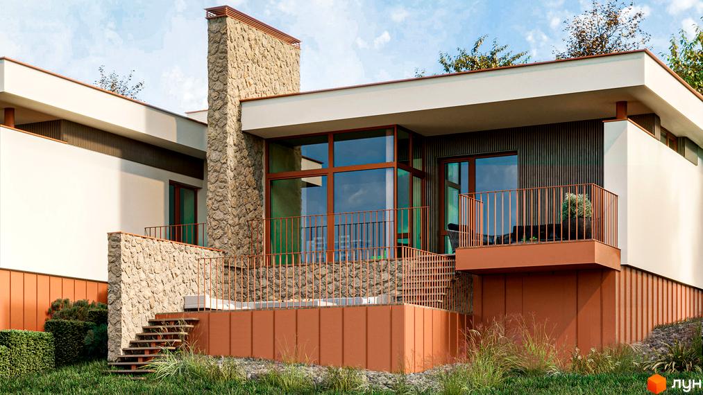 Зображення будинку в Котеджному містечку NaGori з великими вікнами та кам'яною обробкою. Навколо будинку зелена трава та рослинність.