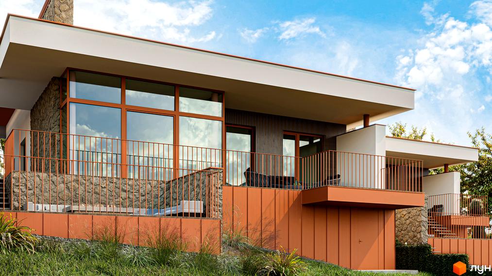 Зображення фасаду будинку в Котеджному містечку NaGori. На передньому плані зелена трава та кущі.