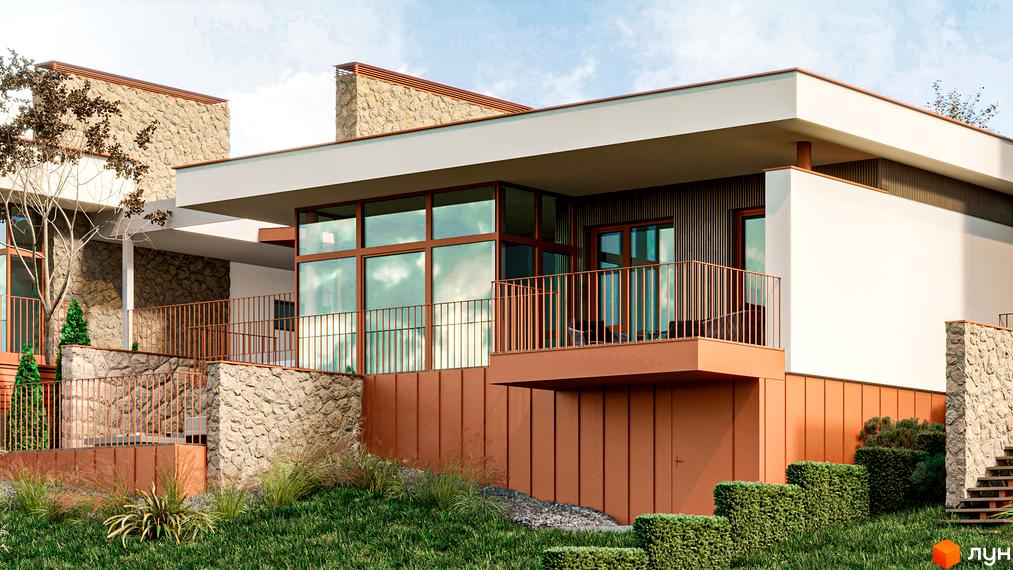 Зображення будинку в Котеджному містечку NaGori. На фото видно фасад будинку та прибудинкову територію з озелененням.