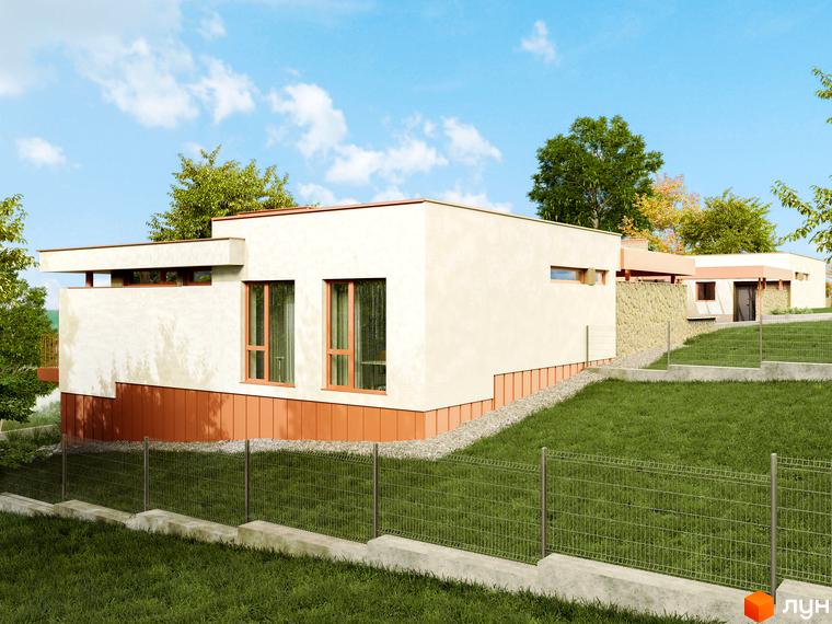 Зображення будинку в Котеджному містечку NaGori з великими вікнами та зеленим газоном. На задньому плані дерева та блакитне небо.