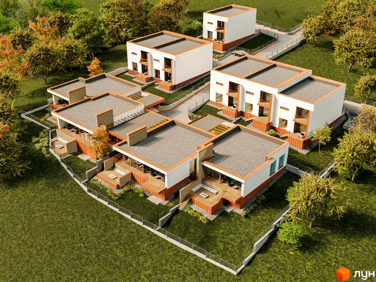 Зображення Котеджного містечка NaGori: кілька двоповерхових будинків з терасами на великій зеленій ділянці. Вигляд зверху.