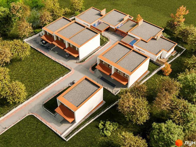 Вигляд зверху на Котеджне містечко NaGori з білими будинками та терасами. Навколо будинків зелені газони та дерева.