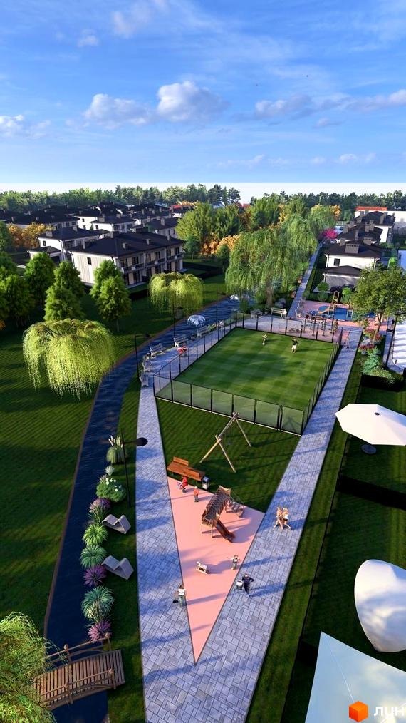 Котеджне містечко КМ Нові Вовчинці: фасади будинків та облаштована прибудинкова територія з дитячим майданчиком та спортивною зоною.