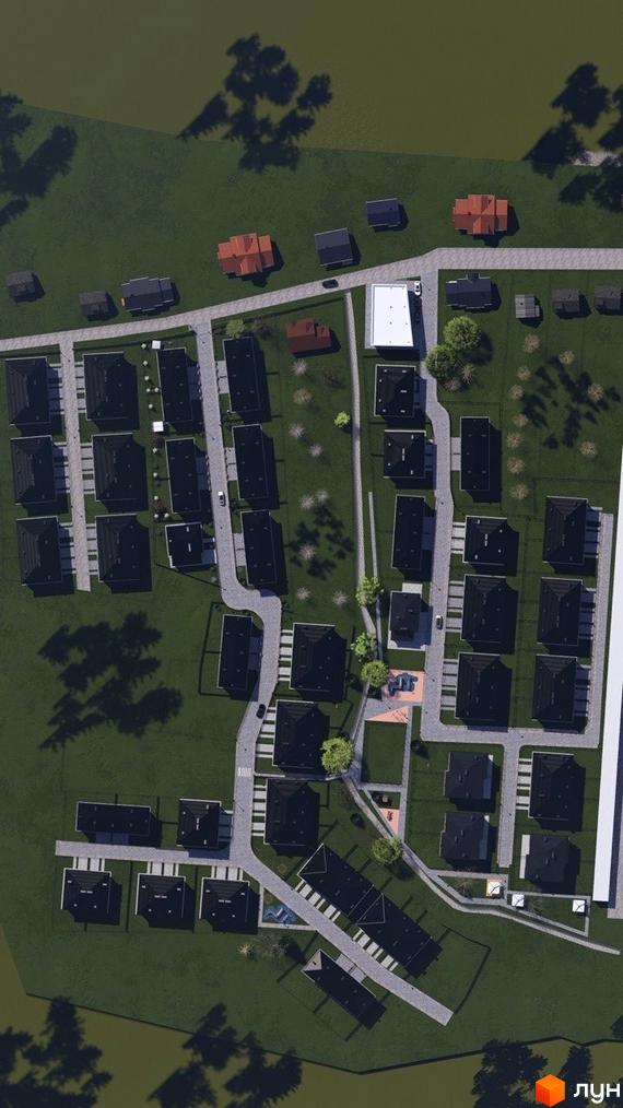 Котеджне містечко КМ Нові Вовчинці: вид зверху на типові будинки з темними дахами та прибудинкову територію з доріжками та зеленими насадженнями.