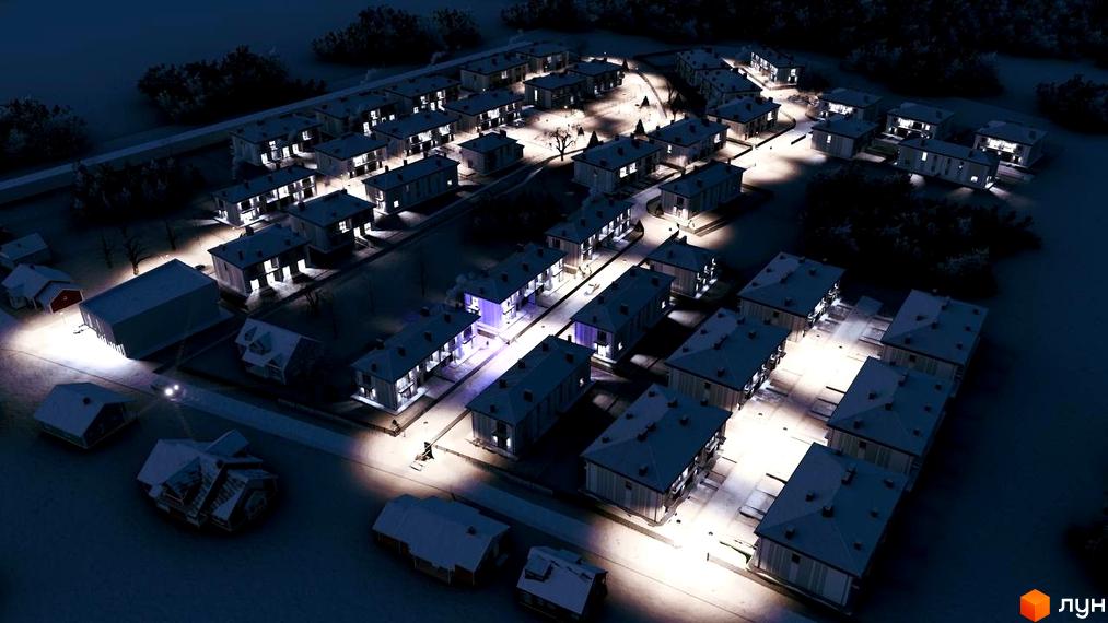 Котеджне містечко КМ Нові Вовчинці вночі. Зовнішній вигляд будинків та освітлена прибудинкова територія.