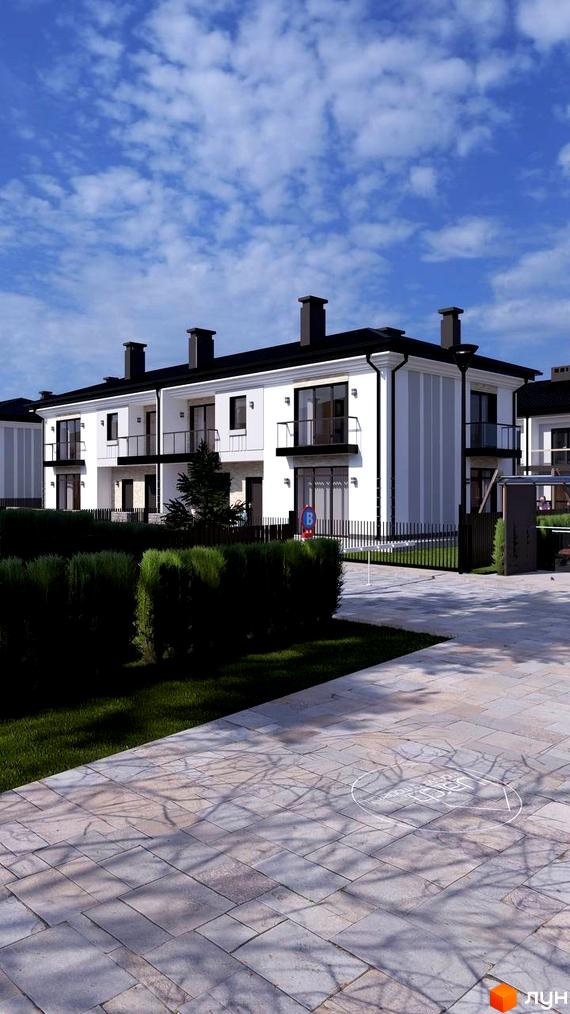 Котеджне містечко КМ Нові Вовчинці: фасади білих будинків з чорними дахами та балконами, огороджена територія з кущами та бруківкою.