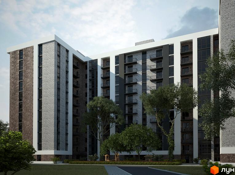 Фасад житлового комплексу на вул. Лазаряна, 22, з цегляним оздобленням та балконами. Прибудинкова територія з деревами та дитячим майданчиком.