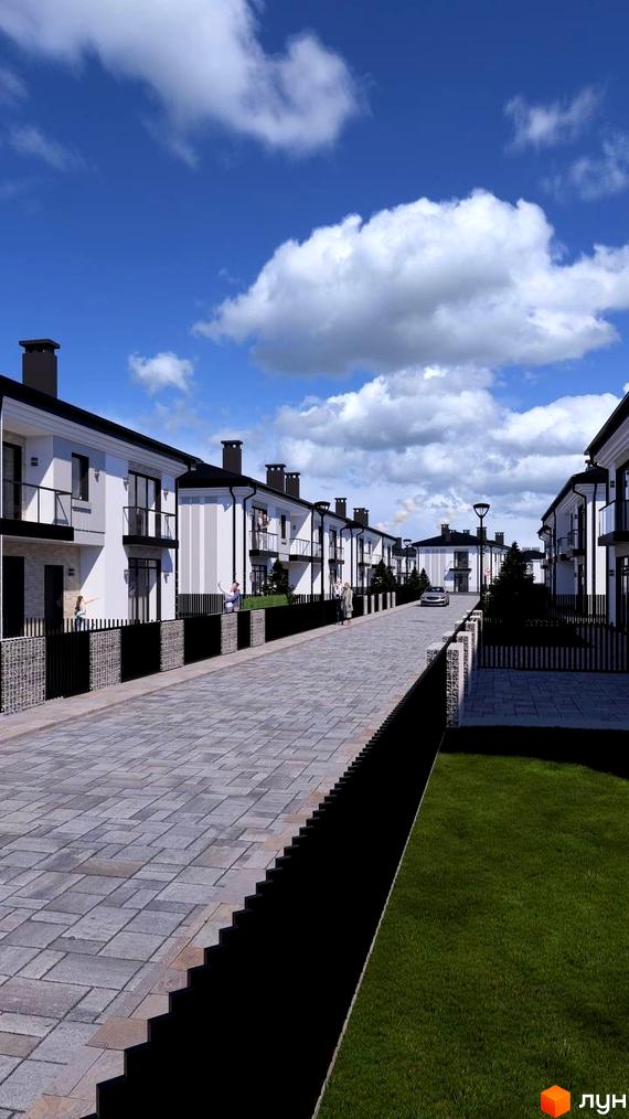 Котеджне містечко Нові Вовчинці: фасади білих будинків з чорними дахами та балконами, вимощена дорога, зелена галявина.