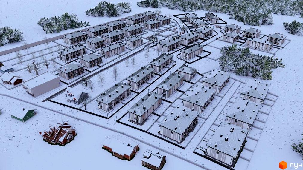 Котеджне містечко КМ Нові Вовчинці у зимовому пейзажі з новобудовами та прибудинковою територією. Зовнішній вигляд будинків та їх розташування на фоні засніженого ландшафту.