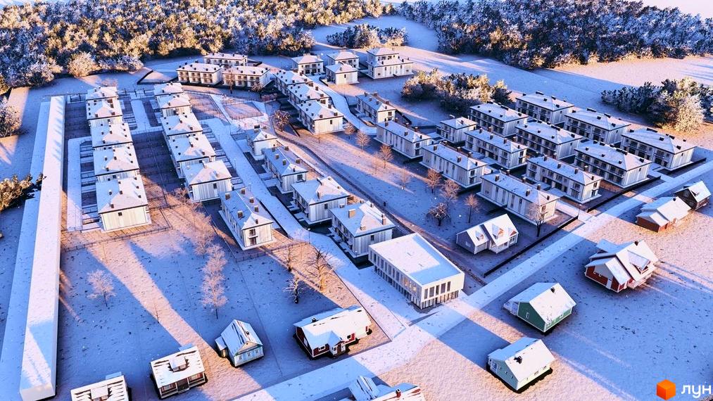 Котеджне містечко КМ Нові Вовчинці: вид зверху на білі будинки з червоними дахами в засніженому дворі. Оточений деревами та снігом.