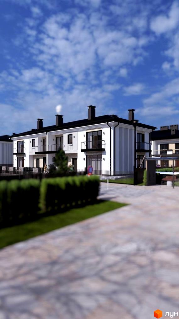 КМ Нові Вовчинці: сучасні білі будинки з чорними дахами та балконами, огороджена територія з зеленими насадженнями та бруківкою.