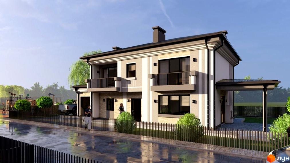 Котеджне містечко КМ Нові Вовчинці: двоповерховий будинок з балконами та навісом для авто, огороджена територія з дитячим майданчиком.