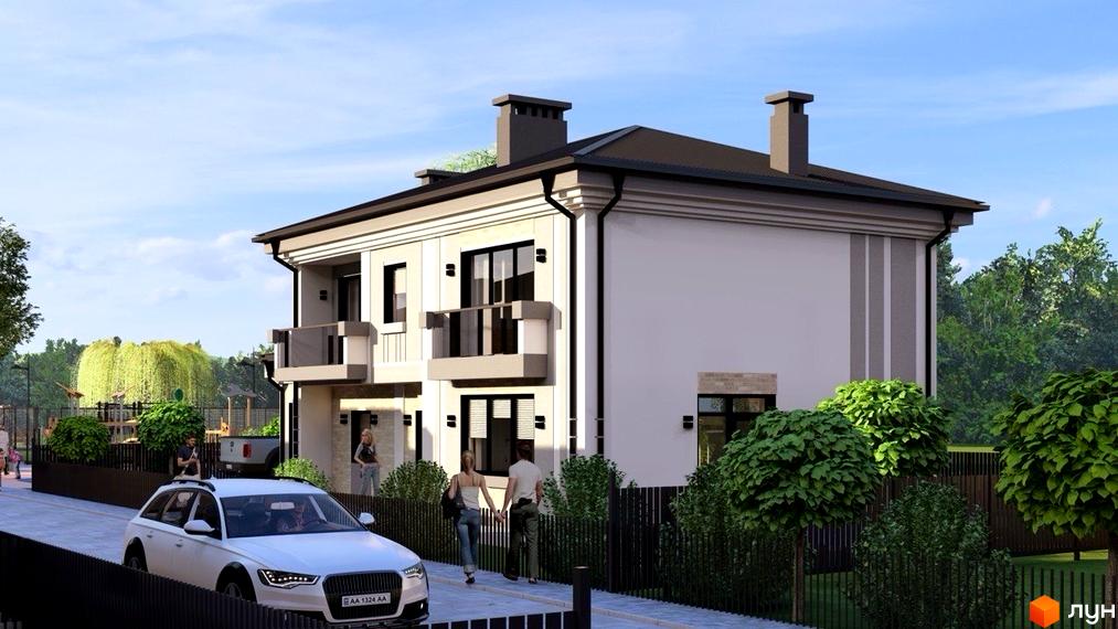 Котеджне містечко КМ Нові Вовчинці: двоповерховий будинок з балконами та дитячим майданчиком на прибудинковій території.