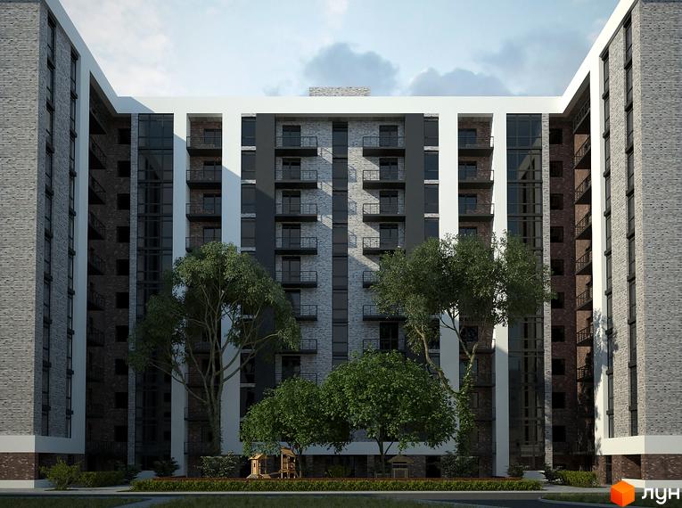 Фасад житлового комплексу на вулиці Лазаряна, 22, з цегляним оздобленням та балконами. На прибудинковій території ростуть дерева та розташований дитячий майданчик.