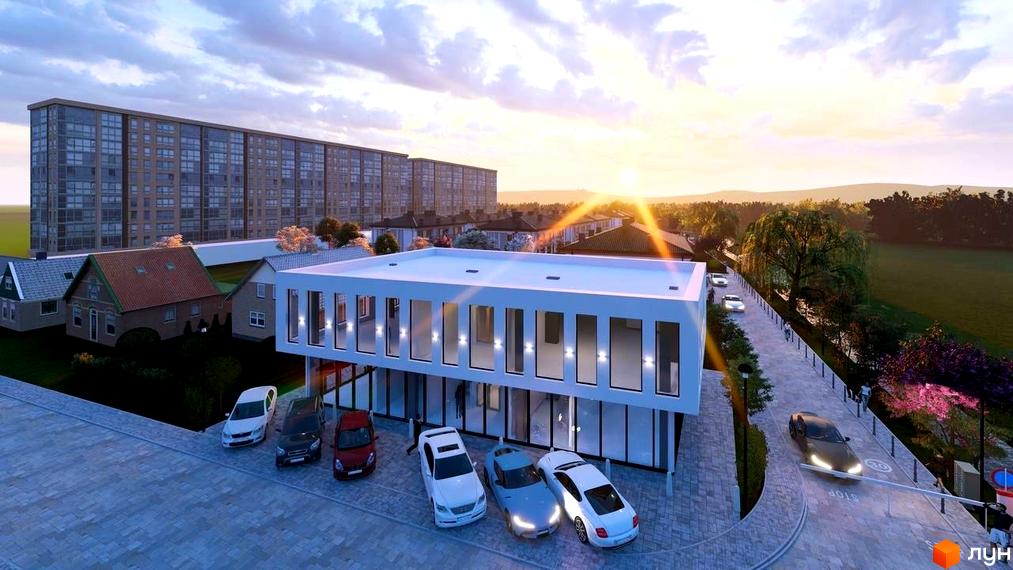 Котеджне містечко КМ Нові Вовчинці. Сучасна двоповерхова будівля з панорамними вікнами та прибудинковою територією з автомобілями та пішохідною доріжкою.