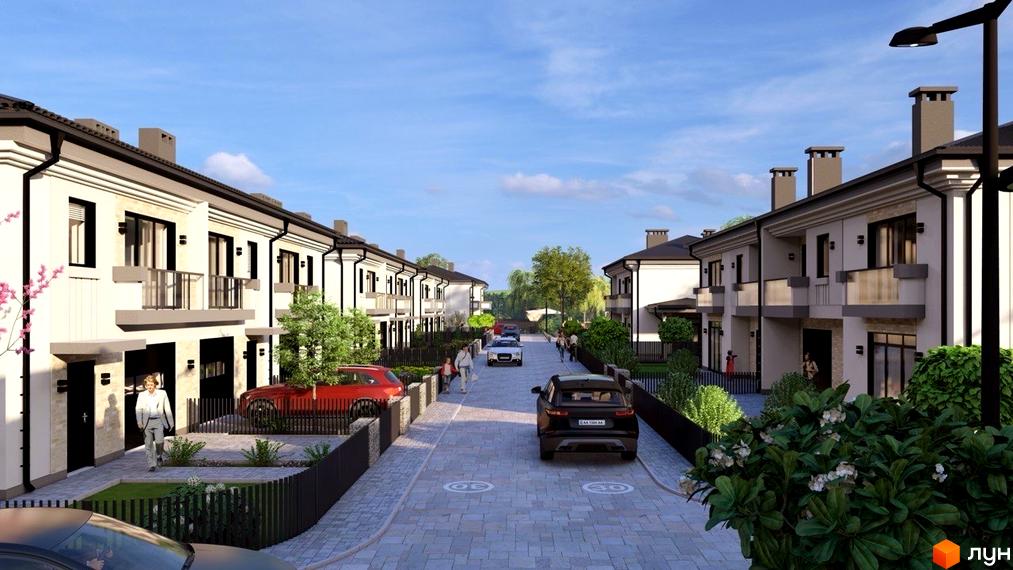 Котеджне містечко Нові Вовчинці: фасади будинків з балконами та гаражами, вулиця з автомобілями та пішоходами, зелені насадження.