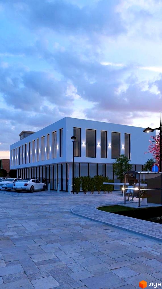 Котеджне містечко Нові Вовчинці: двоповерховий будинок з великими вікнами та парковкою поруч. Територія комплексу з бруківкою та зеленими насадженнями.