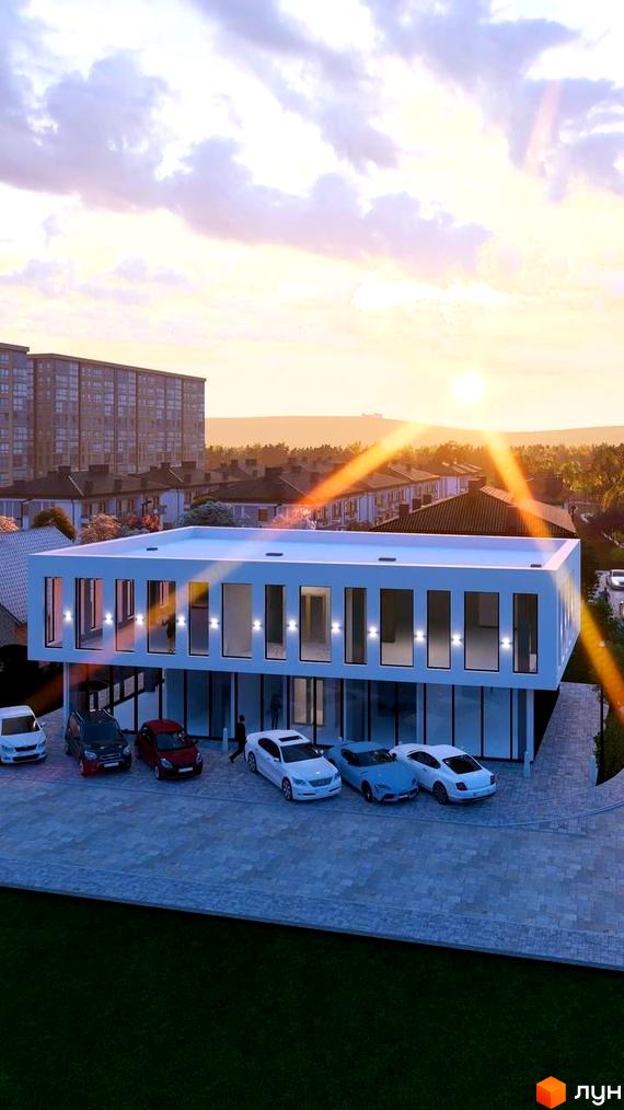 Зовнішній вигляд будинку житлового комплексу КМ Нові Вовчинці з панорамними вікнами та прибудинковою територією з автомобілями.