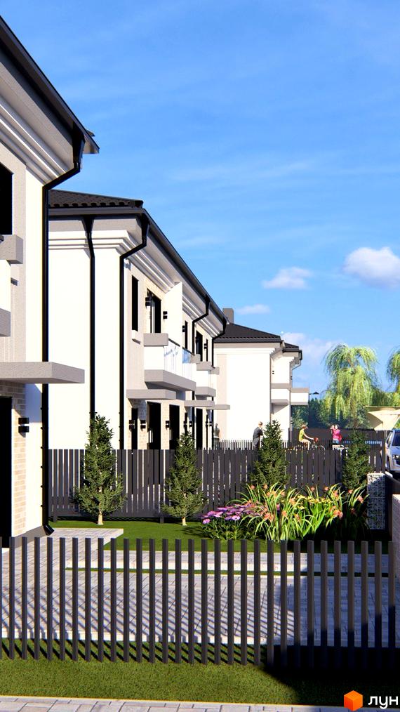 Котеджне містечко Нові Вовчинці: фасади білих будинків з чорними дахами та парканом, зелений газон та квіти на прибудинковій території.