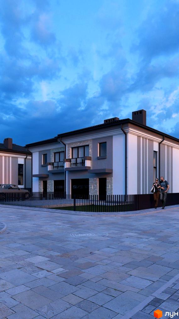 Котеджне містечко Нові Вовчинці: фасади будинків з сірими та білими смугами, балкон, гаражні ворота. Прибудинкова територія з огорожею та бруківкою.