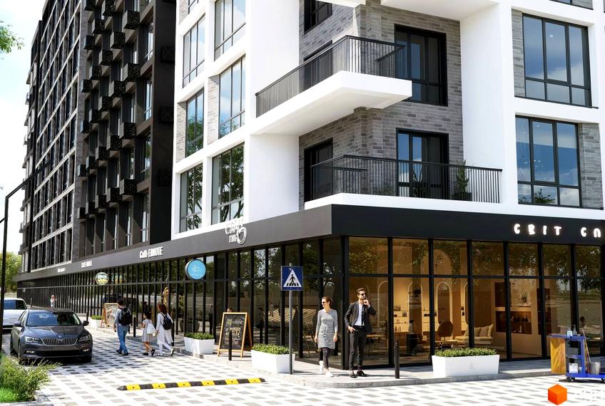 Житловий комплекс Автобіографія Elisium: фасади будівель з великими вікнами та балконами, комерційні приміщення на першому поверсі, доглянута прибудинкова територія з пішохідними доріжками та зеленими зонами.