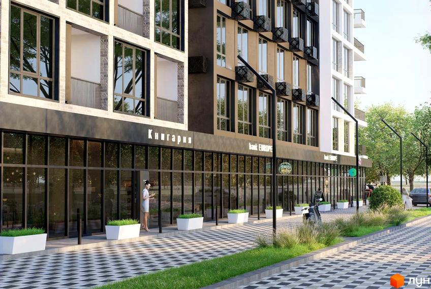 Фасад житлового комплексу ЖК Автобіографія Elisium з комерційними приміщеннями на першому поверсі та доглянутою прибудинковою територією з зеленими насадженнями.