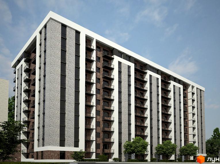 Зовнішній вигляд житлового комплексу на вул. Лазаряна, 22: багатоповерхова будівля з цегляним фасадом, балконами та великими вікнами. Навколо будинку зелені насадження та дерева.