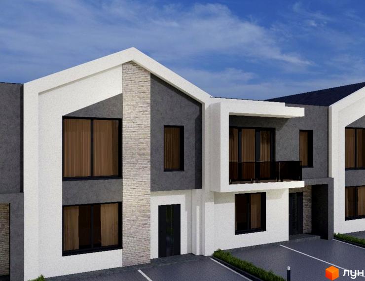 Будинки Котеджного містечка Village з комбінованими фасадами білого та сірого кольорів, кам'яним декором. Навколо облаштована парковка.