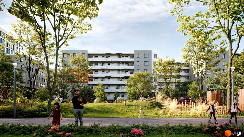 Житловий комплекс BIG BEN з багатоповерховими будинками та зеленою прибудинковою територією з зонами відпочинку та дитячими майданчиками.