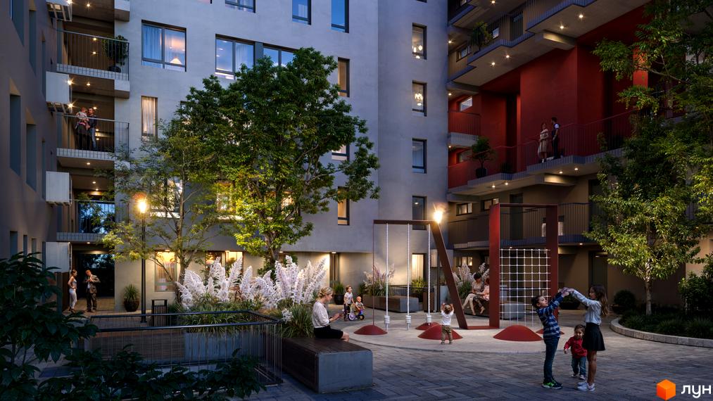 Житловий комплекс BIG BEN. Сучасна архітектура будівлі з балконами та прибудинкова територія з дитячим майданчиком та зонами відпочинку.
