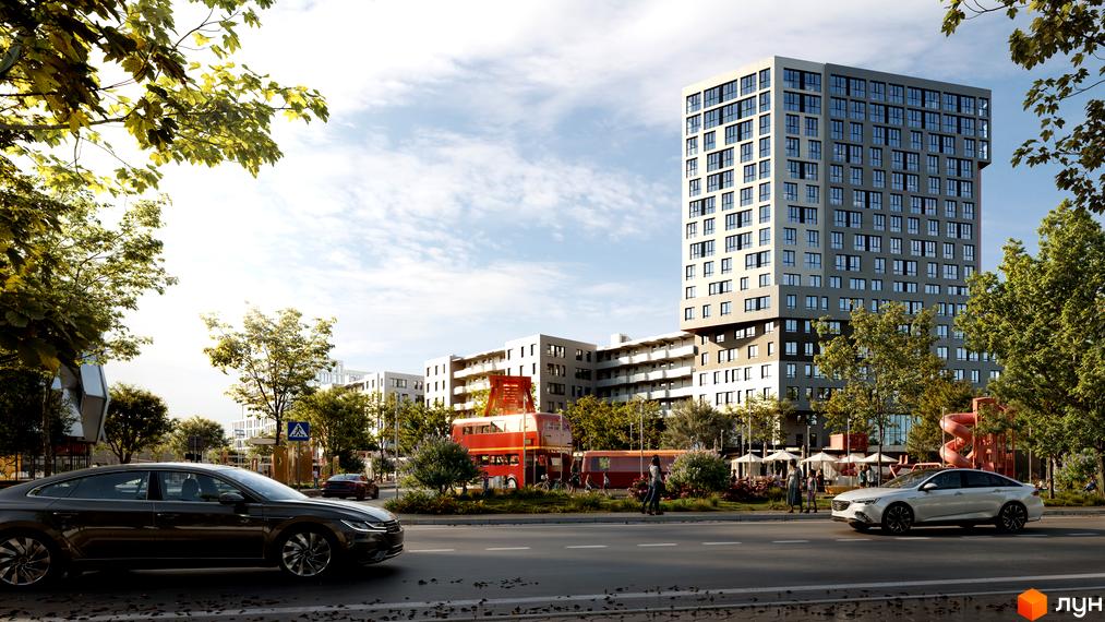 Зображення Житлового комплексу BIG BEN: висотна будівля з великою кількістю вікон та прибудинкова територія з транспортом.