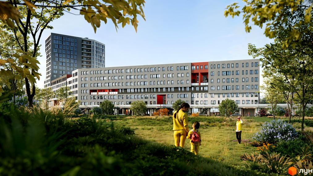 Зображення Житлового комплексу BIG BEN з великим будинком та зеленою територією. На передньому плані люди прогулюються по траві.