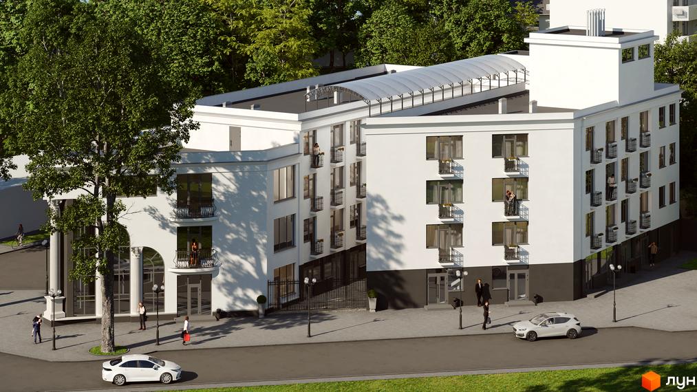 Зображення апарт-комплексу White з білим фасадом та балконами. На передньому плані видно прибудинкову територію з деревами та автомобілями.