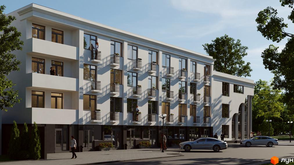 Зображення фасаду апарт-комплексу White з балконами та панорамними вікнами. На передньому плані припарковані автомобілі.