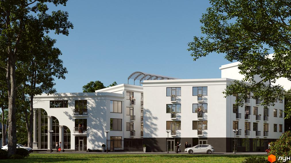 Зображення апарт-комплексу White з білим фасадом та великими вікнами. На передньому плані зелений газон.