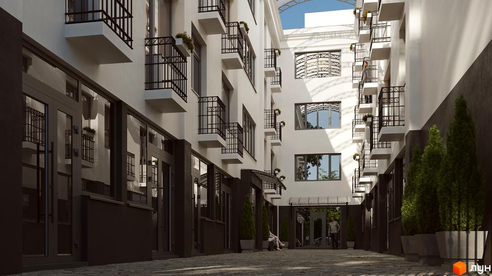 Апарт-комплекс White: біла будівля з балконами та скляними дверима, внутрішній двір з деревами та людьми.