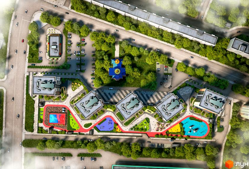 Вид зверху на ЖК Polar Park. На зображенні видно будинки з плоскими дахами, дитячий майданчик, спортивний майданчик та парковку.